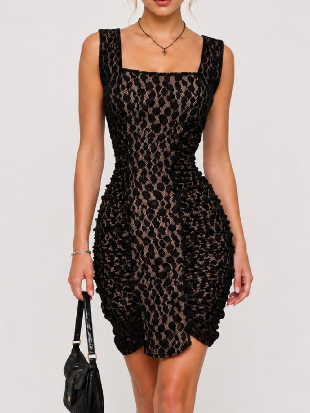 Vintage Y2K BCBG MaxAzria Ruched Bodycon Mini Dress Small Black Lace Square Neck